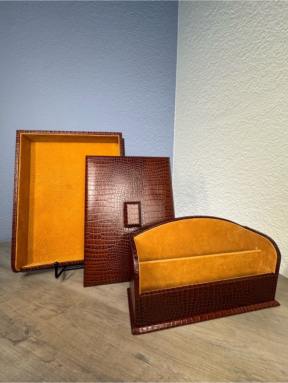 Vintage BEY-BERK Croco Leather 3-Piece Desk Set Gold Suede Lined Organizer